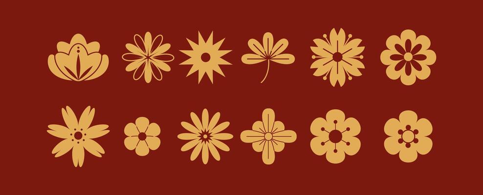 Lotus and sakura flowers Chinese ornaments glyph icons collection. Various traditional Asian floral motifs objects set on red background