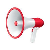Modern bullhorn with handle and button realistic illustration. Powerful megaphone device side view 3d model on white background vector
