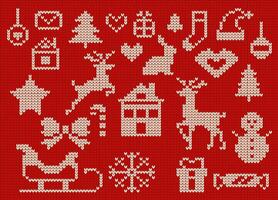 Knitted animals and objects for Christmas holiday illustrations set on red background. Happy New Year symbols elements collection vector