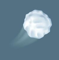 Flying snowball with trace realistic illustration. Funny active winter game with snow spheres 3d object on blue-gray background vector
