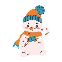 Smiling snowman in knitted hat holding candy cane flat color character. Symbol of winter holidays illustration on white background vector