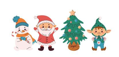 Santa elf snowman with Christmas tree flat color objects set. Symbols of winter holidays illustration bundles on white background vector