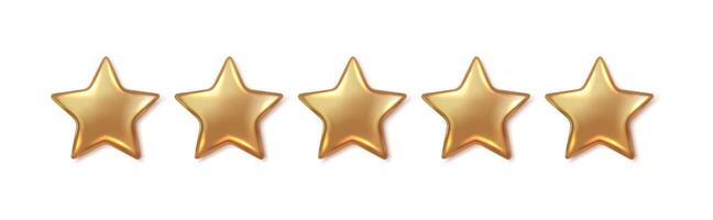 Five golden stars shining realistic illustration. Perfect customer rating and excellent service satisfaction 3d objects on white background vector