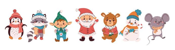 Lovely Christmas symbols flat color objects set. Forest animals with Santa elf and snowman illustration bundle on white background vector