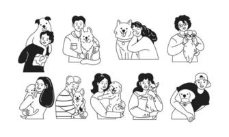 Happy pet owners hugging dogs linear icons collection. Delightful people with friendly canine companions characters set on white background vector