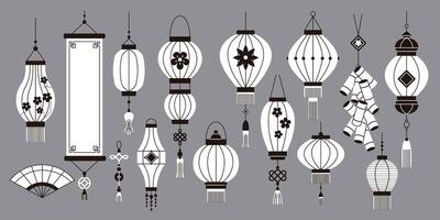 Chinese New Year celebration attributes linear icons collection. Oriental accessories for happy holidays objects set on grey background vector