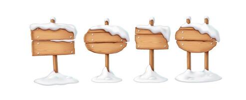 Rustic wooden signposts covered in snow realistic color icons set. Stands in winter landscape with space for messages 3d objects on white background vector
