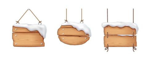 Blank wooden signposts covered with snow caps realistic color icons set. Space for winter holiday messages 3d objects on white background vector