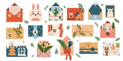 Christmas envelopes with festive decorations flat color objects set. Greetings and gifts for winter season illustrations bundle on white vector