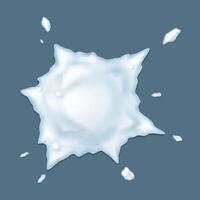 Thrown snowball splat realistic illustration. Ice blot texture. Playing with snow in wintertime 3d object on grey background vector