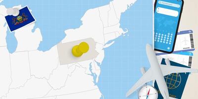 Travel to Pennsylvania concept, map with pin on map of Pennsylvania. Vacation preparation map, flag, passport and tickets. vector