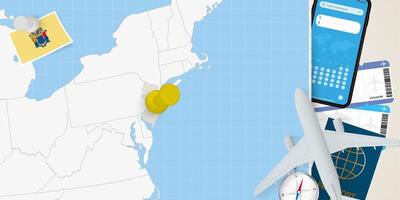 Travel to New Jersey concept, map with pin on map of New Jersey. Vacation preparation map, flag, passport and tickets. vector