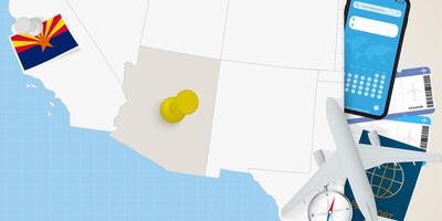 Travel to Arizona concept, map with pin on map of Arizona. Vacation preparation map, flag, passport and tickets. vector