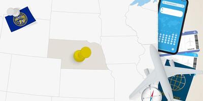 Travel to Nebraska concept, map with pin on map of Nebraska. Vacation preparation map, flag, passport and tickets. vector