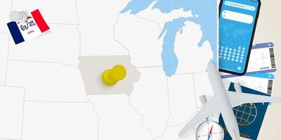 Travel to Iowa concept, map with pin on map of Iowa. Vacation preparation map, flag, passport and tickets. vector