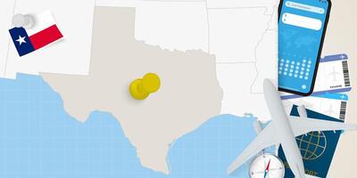 Travel to Texas concept, map with pin on map of Texas. Vacation preparation map, flag, passport and tickets. vector