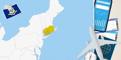 Travel to Connecticut concept, map with pin on map of Connecticut. Vacation preparation map, flag, passport and tickets. vector