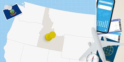 Travel to Idaho concept, map with pin on map of Idaho. Vacation preparation map, flag, passport and tickets. vector