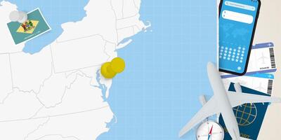 Travel to Delaware concept, map with pin on map of Delaware. Vacation preparation map, flag, passport and tickets. vector