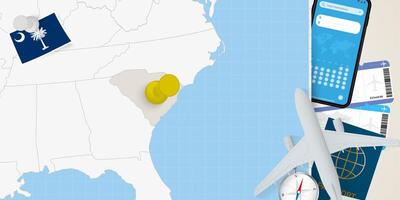 Travel to South Carolina concept, map with pin on map of South Carolina. Vacation preparation map, flag, passport and tickets. vector
