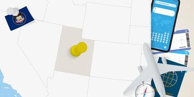 Travel to Utah concept, map with pin on map of Utah. Vacation preparation map, flag, passport and tickets. vector