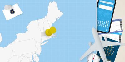 Travel to Massachusetts concept, map with pin on map of Massachusetts. Vacation preparation map, flag, passport and tickets. vector