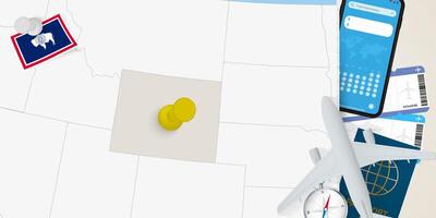 Travel to Wyoming concept, map with pin on map of Wyoming. Vacation preparation map, flag, passport and tickets. vector