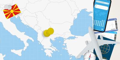Travel to Macedonia concept, map with pin on map of Macedonia. Vacation preparation map, flag, passport and tickets. vector