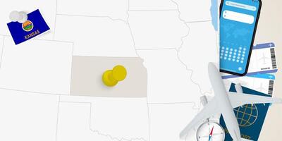 Travel to Kansas concept, map with pin on map of Kansas. Vacation preparation map, flag, passport and tickets. vector