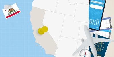 Travel to California concept, map with pin on map of California. Vacation preparation map, flag, passport and tickets. vector