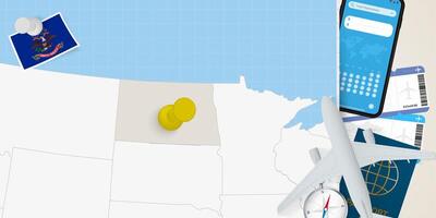 Travel to North Dakota concept, map with pin on map of North Dakota. Vacation preparation map, flag, passport and tickets. vector