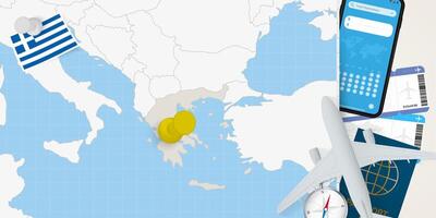 Travel to Greece concept, map with pin on map of Greece. Vacation preparation map, flag, passport and tickets. vector