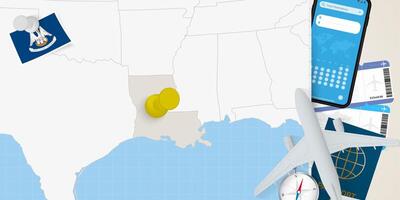 Travel to Louisiana concept, map with pin on map of Louisiana. Vacation preparation map, flag, passport and tickets. vector