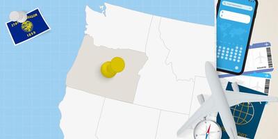 Travel to Oregon concept, map with pin on map of Oregon. Vacation preparation map, flag, passport and tickets. vector
