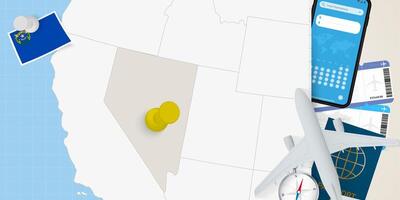 Travel to Nevada concept, map with pin on map of Nevada. Vacation preparation map, flag, passport and tickets. vector