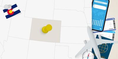 Travel to Colorado concept, map with pin on map of Colorado. Vacation preparation map, flag, passport and tickets. vector