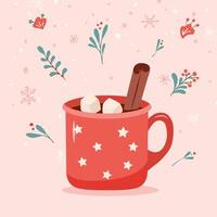 Star patterned mug filled with hot cocoa, marshmallows, and a cinnamon stick surrounded by festive decorations vector