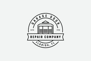 garage door maintenance and installation company logo, badge style minimal lineart black and white vector