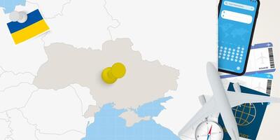 Travel to Ukraine concept, map with pin on map of Ukraine. Vacation preparation map, flag, passport and tickets. vector