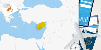 Travel to Cyprus concept, map with pin on map of Cyprus. Vacation preparation map, flag, passport and tickets. vector