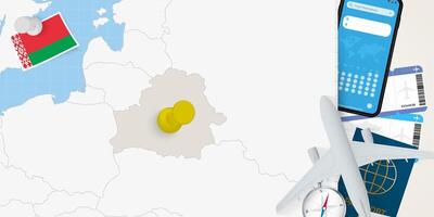 Travel to Belarus concept, map with pin on map of Belarus. Vacation preparation map, flag, passport and tickets. vector