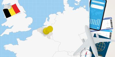 Travel to Belgium concept, map with pin on map of Belgium. Vacation preparation map, flag, passport and tickets. vector