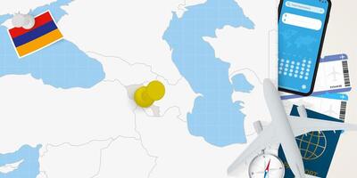 Travel to Armenia concept, map with pin on map of Armenia. Vacation preparation map, flag, passport and tickets. vector