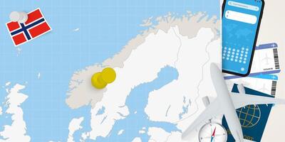 Travel to Norway concept, map with pin on map of Norway. Vacation preparation map, flag, passport and tickets. vector