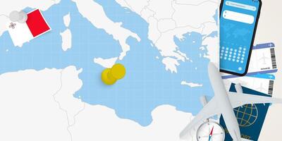 Travel to Malta concept, map with pin on map of Malta. Vacation preparation map, flag, passport and tickets. vector