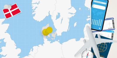 Travel to Denmark concept, map with pin on map of Denmark. Vacation preparation map, flag, passport and tickets. vector