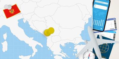 Travel to Montenegro concept, map with pin on map of Montenegro. Vacation preparation map, flag, passport and tickets. vector