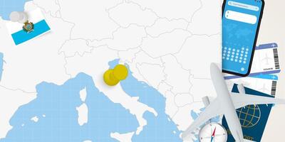 Travel to San Marino concept, map with pin on map of San Marino. Vacation preparation map, flag, passport and tickets. vector