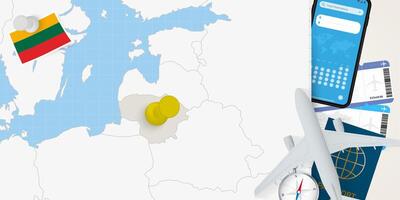 Travel to Lithuania concept, map with pin on map of Lithuania. Vacation preparation map, flag, passport and tickets. vector