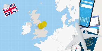 Travel to United Kingdom concept, map with pin on map of United Kingdom. Vacation preparation map, flag, passport and tickets. vector